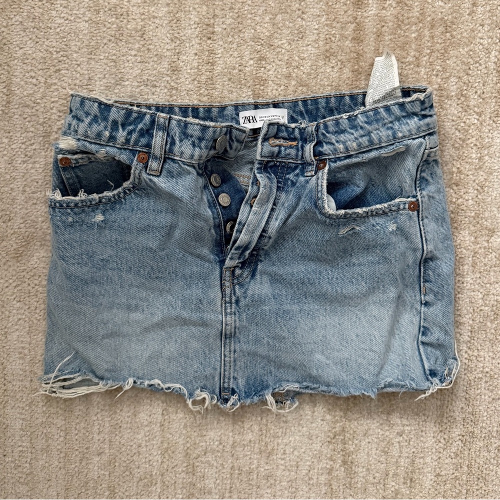 Zara Light Wash Distressed Denim Mini Skirt